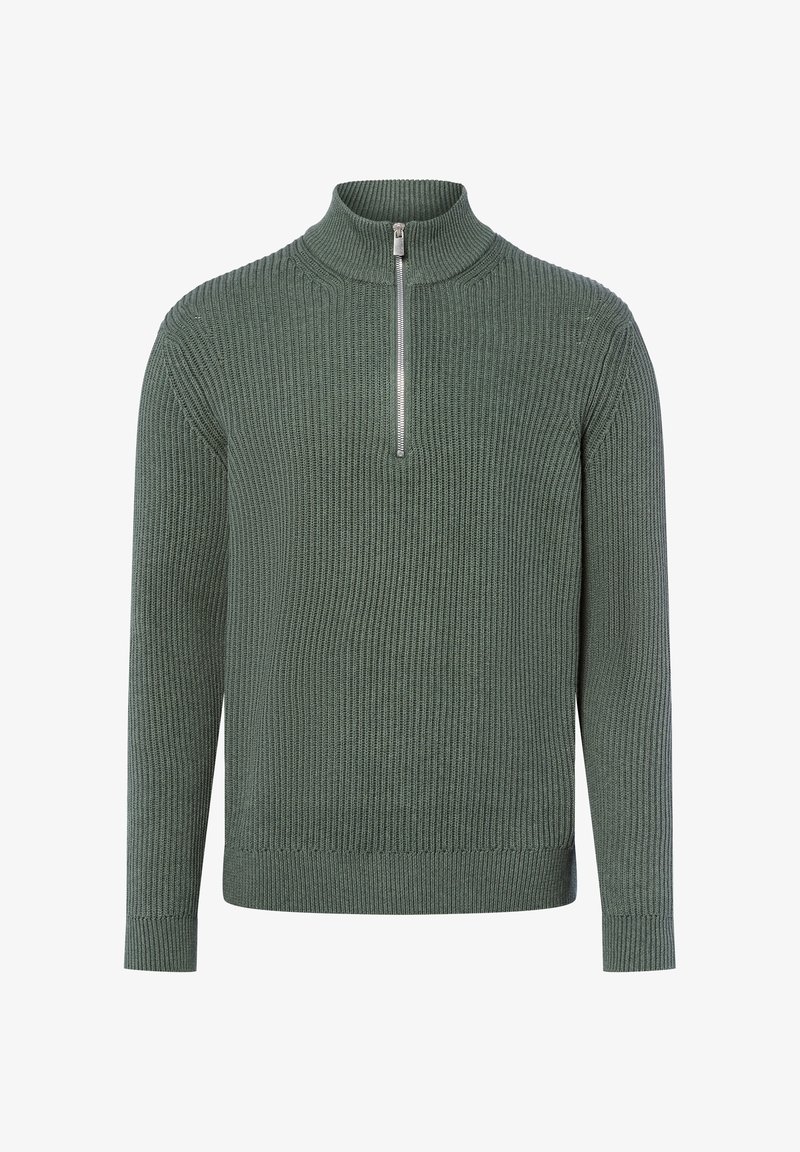 Pull en tricot vert côtelé avec un col montant et une demi-fermeture éclair, offrant des manches longues et une coupe ajustée aux poignets et à l'ourlet.