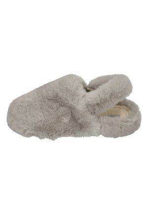 Grey faux fur slipper with rounded shape, open back, and soft interior lining. Features plush texture and seamless construction.