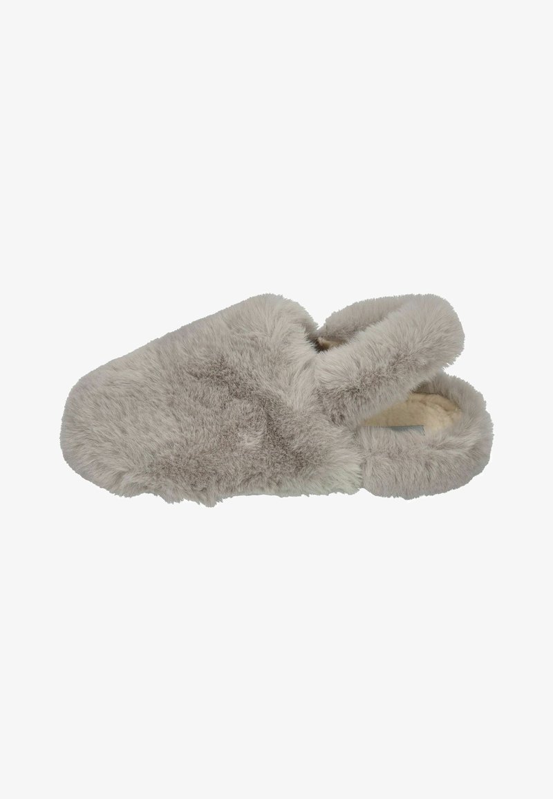Grey faux fur slipper with rounded shape, open back, and soft interior lining. Features plush texture and seamless construction.