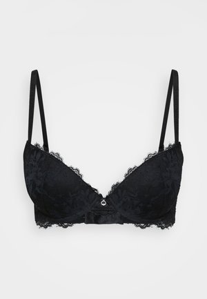 Black lace bra with padded cups, scalloped lace trim, and a central decorative bow. Adjustable straps and a smooth fabric texture.