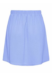 Jupe bleu clair longueur genoux avec taille élastique et motif de tissu texturé subtil, présentée sur fond blanc.