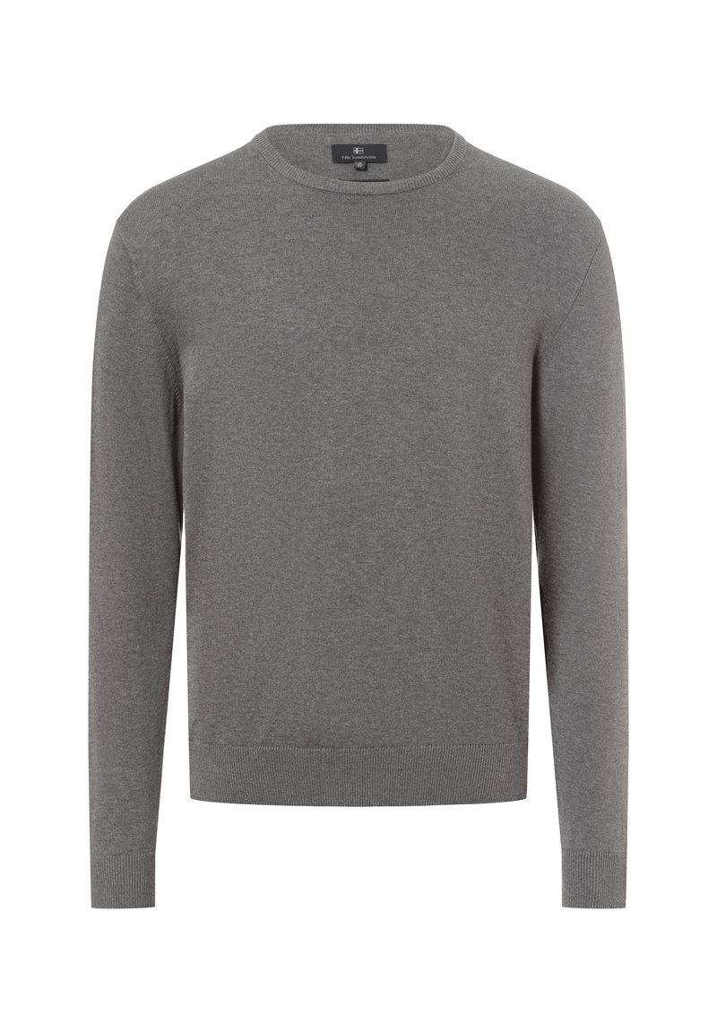 Grau gestrickter Pullover aus weichem Material. Rundhalsausschnitt mit gerippten Bündchen und Saum, mit einer glatten Textur und einer zurückhaltenden Optik.