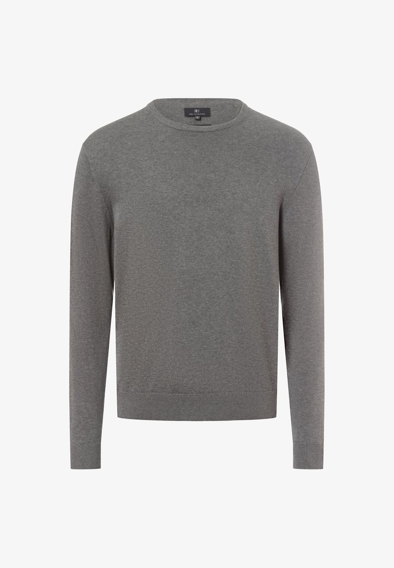 Grau gestrickter Pullover aus weichem Material. Rundhalsausschnitt mit gerippten Bündchen und Saum, mit einer glatten Textur und einer zurückhaltenden Optik.