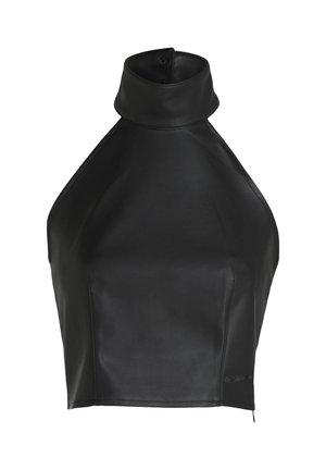 Haut sans manches noir en similicuir avec col montant et fermeture par bouton dans le dos.