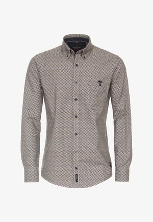 Langärmliges Hemd mit Knopfleiste in Hellbraun mit geometrischem Muster, ausgestattet mit einem Button-Down-Kragen und einer einzelnen Brusttasche.