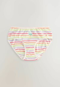 Randig kalsong i mjukt tyg, med horisontella linjer i rosa, orange, gult och lila. Innehåller en liten grön flamingografi.