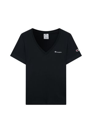 Zwart V-hals T-shirt van katoen, met korte mouwen, een ontspannen pasvorm en een klein wit logo op de linkerborst en mouw.