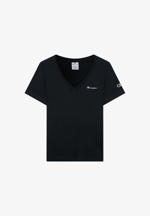 Schwarzes V-Ausschnitt-T-Shirt aus Baumwolle mit kurzen Ärmeln, lockerer Passform und kleinem weißem Logo auf der linken Brust und am Ärmel.