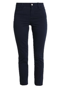 Donker donkerblauwe pants met een slim fit, gemaakt van een zacht katoenmix stof, met een voorste knoopsluiting en een klassieke vijf-pocket ontwerp.