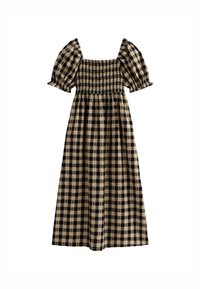 Rutig lång klänning med fyrkantig halsringning, puffärmar och smockad midja i beige och svart. Tillverkad av ett lätt material.
