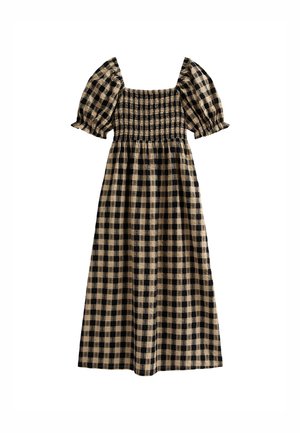 Karierte lange Kleider mit quadratischem Ausschnitt, Puffärmeln und gerafftem Oberteil in Beige und Schwarz. Hergestellt aus einem leichten Material.