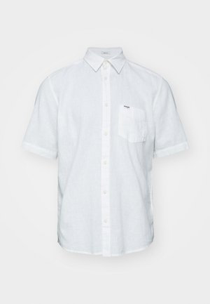 Valge lühikeste varrukate jaoks mõeldud linane särk, millel on nööpidega krae, esikott ja peened tikandi aktsendid.