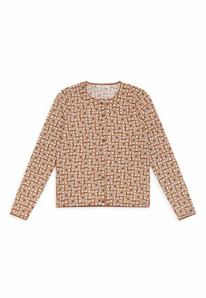 Langärmlige Strickjacke mit Knopfleiste, braun-weiß-blauem geometrischem Blumenmuster und rundem Ausschnitt.