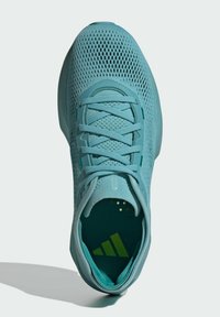 Svetlomodrá športová obuv s mrežovým zvrškom, šnurovaním a textúrovanou podrážkou. Obsahuje zelené akcenty a vnútro s detailmi značky.