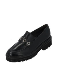 Czarne skórzane loafersy z okrągłym noskiem, posiadające pasek z srebrnymi oczkami oraz grubą gumową podeszwę, która zapewnia przyczepność i stabilność.