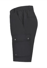 Shorts cargo noirs avec une taille élastique, des poches latérales et une grande poche à rabat avec fermeture à pression sur la cuisse extérieure. Tissu résistant.