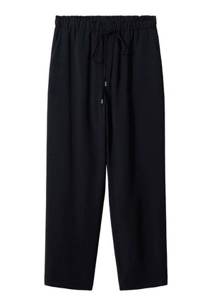 Black loose-fit pants with elastic waistband and adjustable drawstring, straight legs, suitable for casual wear.