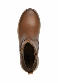 Bottine marron avec un dessus en cuir texturé, des zips sur les côtés et une doublure intérieure douce. Elle présente une semelle rembourrée pour plus de confort.