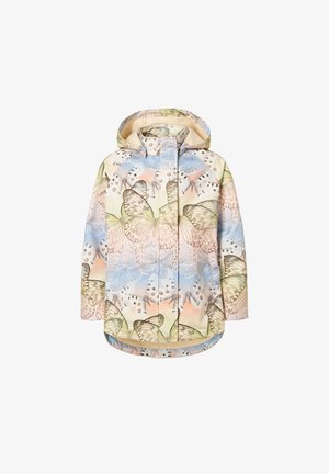 Nepromokavá pláštěnka s kapucí. Má vícebarevný vzor motýlů na světlém pozadí. Přední zapínání na zip, dlouhé rukávy.