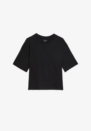 Black short-sleeve t-shirt made of soft cotton. Features a round neckline and a relaxed fit. Seam detailing at sleeves and hem.