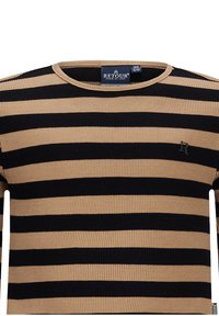 Maglietta a maniche lunghe a righe in tessuto a coste con righe alternate nere e beige. Presenta un colletto rotondo e un piccolo logo 'R'.