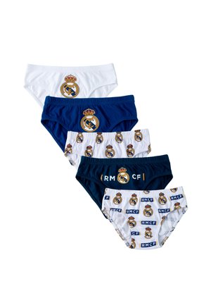 Fünf Kinder-Slips in Weiß, Marineblau und bedruckten Designs mit dem Real Madrid Fußballclub-Logo und dem Schriftzug "RMCF".