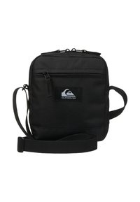 Borsa a tracolla nera realizzata in tessuto resistente, con una tasca anteriore con zip, tracolla regolabile e una patch con logo sulla parte frontale.