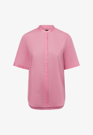 Pink short-sleeve blouse with a stand collar and hidden front button placket, made of lightweight fabric.