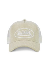 Gorra de béisbol de color dorado claro y brillante con visera curva, lados de malla y un logo bordado en blanco que presenta el texto "Von Dutch."