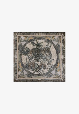 Leopard-print fabric with green and brown tones. Features a central leopard surrounded by leaves and a decorative border. Square shape.