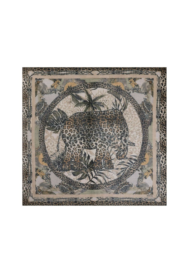 Leopard-print fabric with green and brown tones. Features a central leopard surrounded by leaves and a decorative border. Square shape.