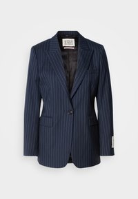 Navy pinstriped blazer made of woven fabric with a single button closure, notch lapels, and two front pockets. Lined with black textile.