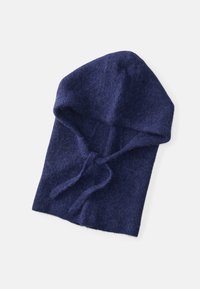 Knit navy hood hat made of soft materials, featuring a tapered top, drawstrings for adjustment, and a textured, fuzzy finish.