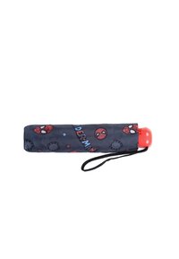 Ombrello a tema Spiderman con tessuto blu scuro, dettagli rossi e blu, motivi circolari e manico rosso. Design compatto con cinturino.