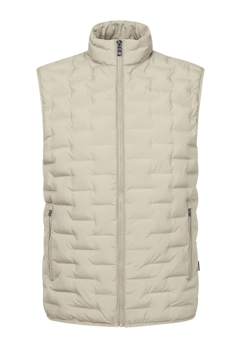Beige ärmellose Steppweste mit hohem Kragen, ausgestattet mit einem Frontreißverschluss und zwei seitlichen Taschen, gestepptes Muster zur Isolierung.