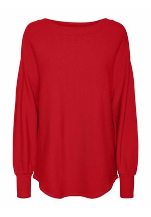 Maglione rosso a maniche lunghe realizzato in morbido tessuto a maglia, con scollatura ampia, vestibilità comoda e polsini a coste, con orlo curvo nella parte inferiore.