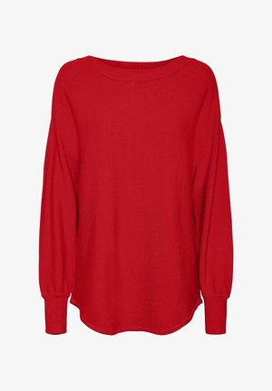 Maglione rosso a maniche lunghe realizzato in morbido tessuto a maglia, con scollatura ampia, vestibilità comoda e polsini a coste, con orlo curvo nella parte inferiore.