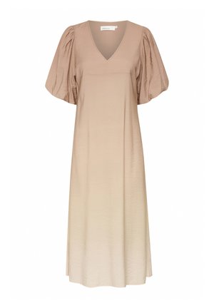 Rochie de culoare bej deschis, cu decolteu în V, mâneci scurte pufoase și o siluetă lejeră. Țesătură netedă cu textură subtilă și design până la genunchi.