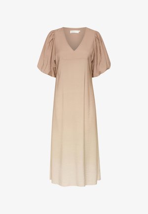 Világos bézs ruha V-nyakkal, rövid puffos ujjakkal és laza siluettel. Simább anyag, finom textúrával és térd alatti hosszal.