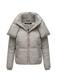 Helle beige gepolsterte Jacke mit hohem Kragen, Reißverschluss vorne, seitlichen Taschen, gerippten Bündchen und abnehmbarem Knopfverschluss auf der Schulter.
