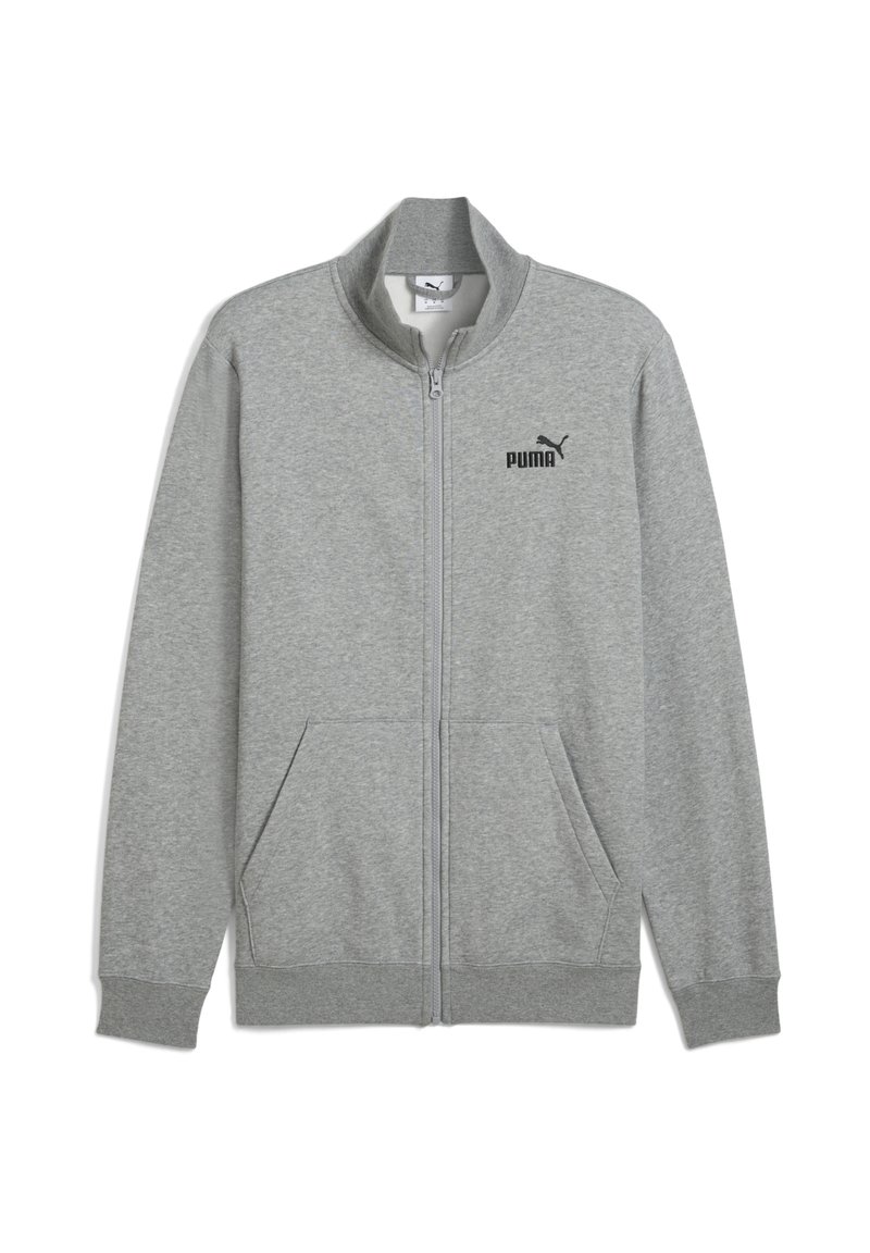 Grå zip-up jakke lavet af blødt stof. Har to forlommer, en høj krave og et sort Puma-logo på venstre brystområde.