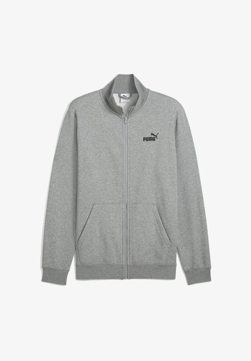 Sivá zipsvátková bunda vyrobená z mäkkej tkaniny. Obsahuje dve predné vrecká, vysoký golier a čierne logo Puma na ľavej strane hrude.