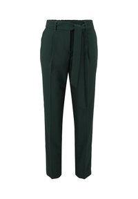 Donkergroene op maat gemaakte broek met een hoge taille, riemlussen en een strikband van stof. Beschikt over voorzakken en een rechte pasvorm.