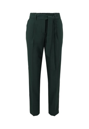 Pantalons ajustés vert foncé avec une taille haute, passants de ceinture et une ceinture en tissu nouée. Comprend des poches avant et une coupe droite.