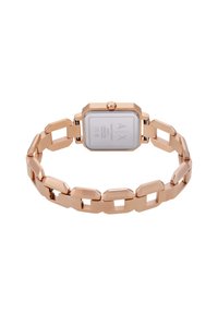 Montre en métal rose gold avec un boîtier rectangulaire, un bracelet en maillons et une finition polie. Présente un cadran minimaliste avec logo.
