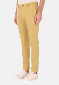 Geel katoenen chino's met een slanke pasvorm, voorzien van een standaard tailleband en twee zijzakken. Gecombineerd met witte sneakers.