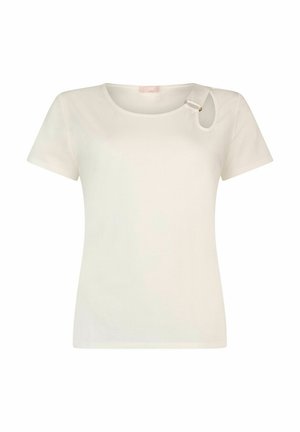 Bela majica s kratkimi rokavi, okroglim izrezom in značilnim izrezom na rami z majhnim zlatim poudarkom. Gladek tekstura.