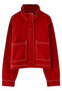 Red cropped jacket made of sturdy fabric with a high collar, two front pockets, and contrasting white stitching details.