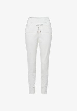 Pantalon jogger blanc slim fit avec taille élastique, cordon, poches avant zippées et poignets côtelés aux chevilles.