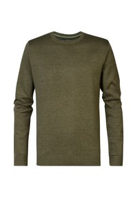 Pull homme vert olive à manches longues, col rond, avec poignets et bord-côte, présenté sur fond blanc.